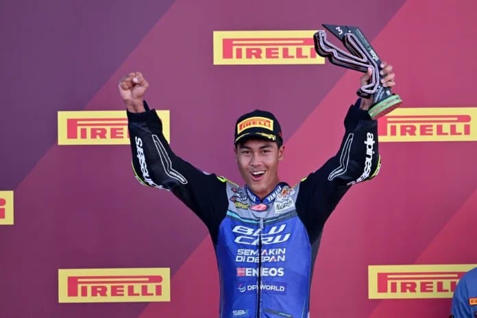 Aldi Satya Mahendra berhasil naik podium ketiga di Misano (Foto: Yamaha Racing Indonesia)