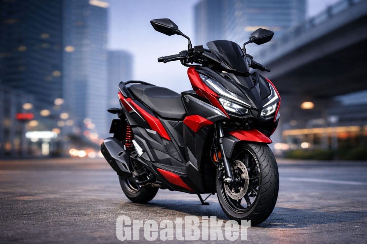 Tampak samping Honda Click 160 berkelir merah dengan kontur bodi dinamis