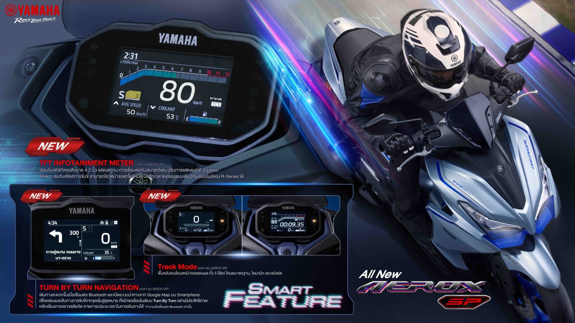Tampilan depan All New Yamaha Aerox SP 2026 dengan lampu Dual Projector LED yang agresif (Photo: Yamaha Thailand)
