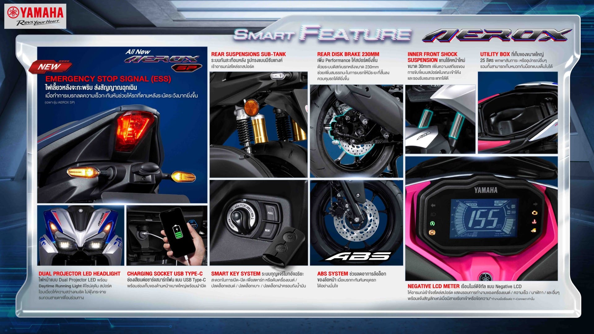 Tampilan depan All New Yamaha Aerox SP 2026 dengan lampu Dual Projector LED yang agresif (Photo: Yamaha Thailand)
