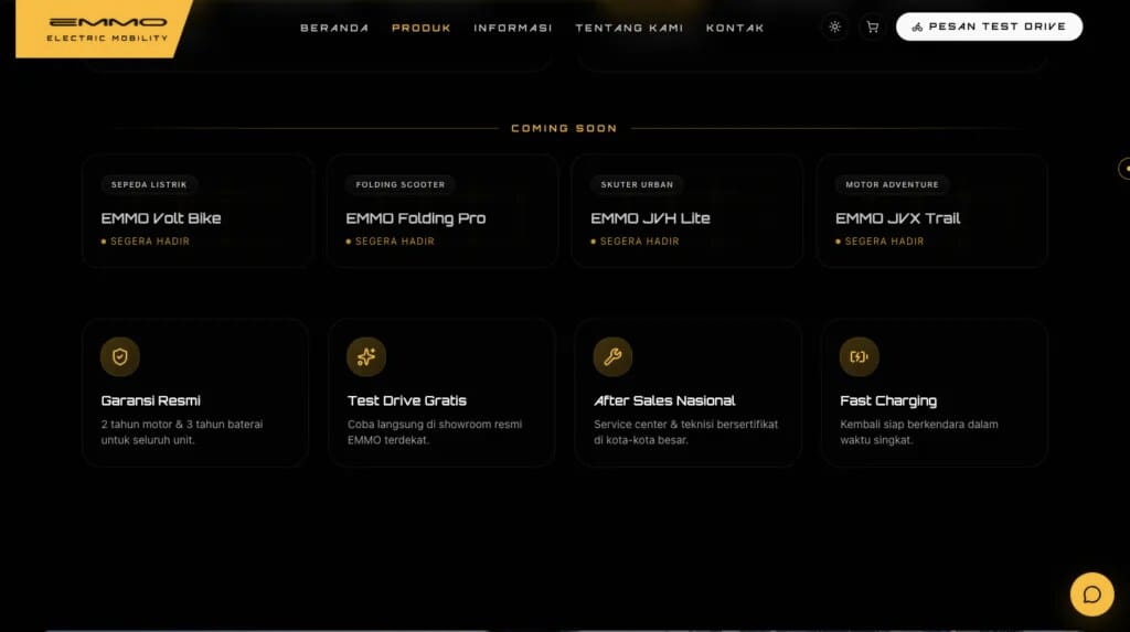 Tangkapan layar situs Emmo menampilkan empat model baru dengan status coming soon